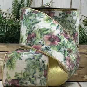 d stevens White Velvet Purple Anemone Flowers Green Leaves Wire Edge Ribbon 4"